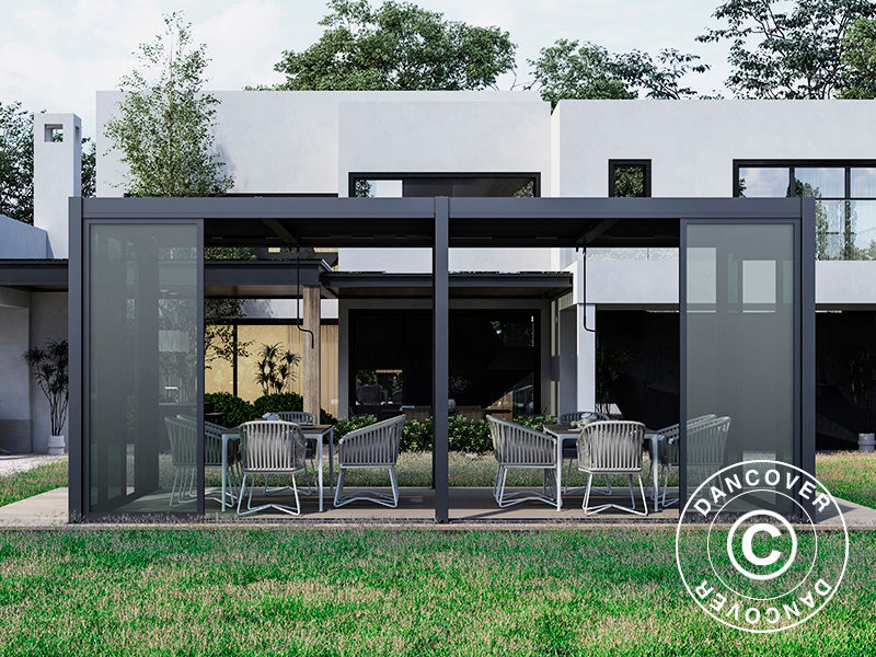 Cenador pérgola bioclimática San Pablo Alu+ con puertas correderas, 4x5,8m, Negro