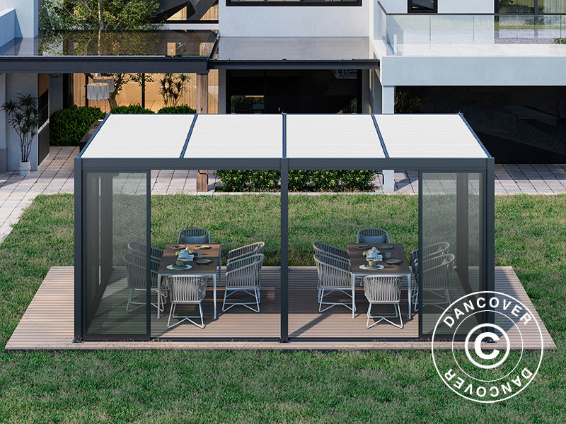 Gazebo pergola bioclimatico San Pablo Alu+ con porte scorrevoli, 4x5,8m, Nero/Bianco