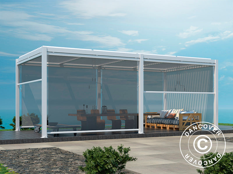 Bioklimatinė pergolos tipo pavėsinė San Pablo Alu+, 3x5,8m, su 6 šoninėmis sienelėmis, Balta