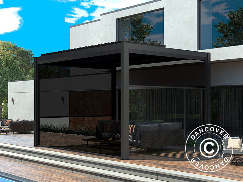 Bioklimaattinen pergola-paviljonki San Pablo Alu+, 4x4m, 4 sivuseinällä, Musta