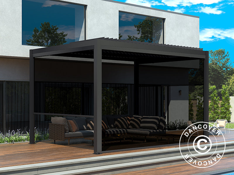Bioclimatic pergola gazebo San Pablo Alu+, 4x4 m w/4 sidewall screens, Black