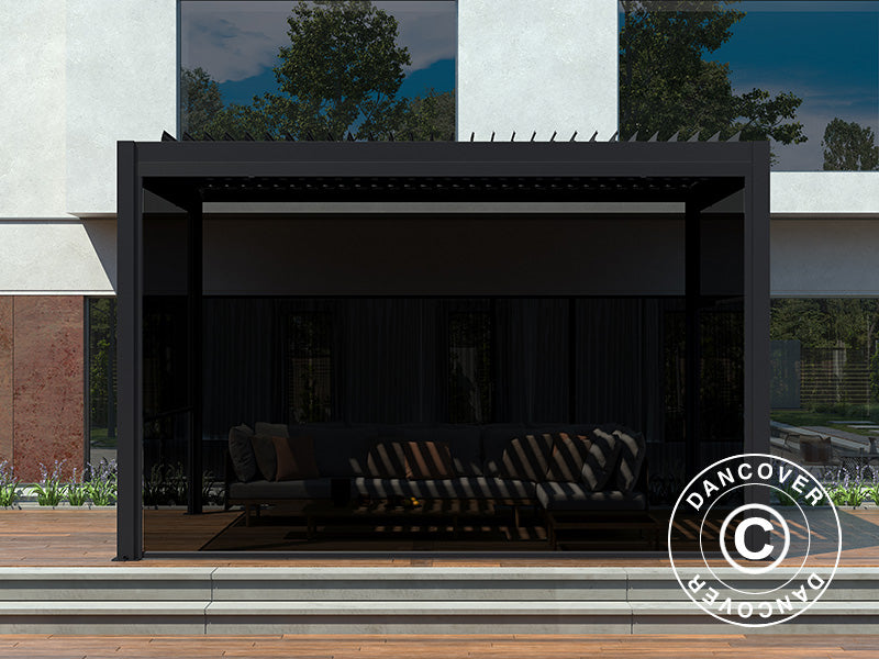 Gazebo de jardim bioclimático San Pablo Alu+, 4x4m, com 4 painéis laterais, Preto