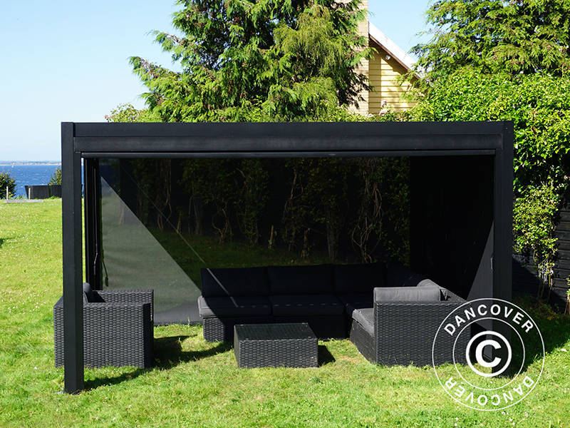 Bioclimatic pergola gazebo San Pablo Alu+, 4x4 m w/4 sidewall screens, Black