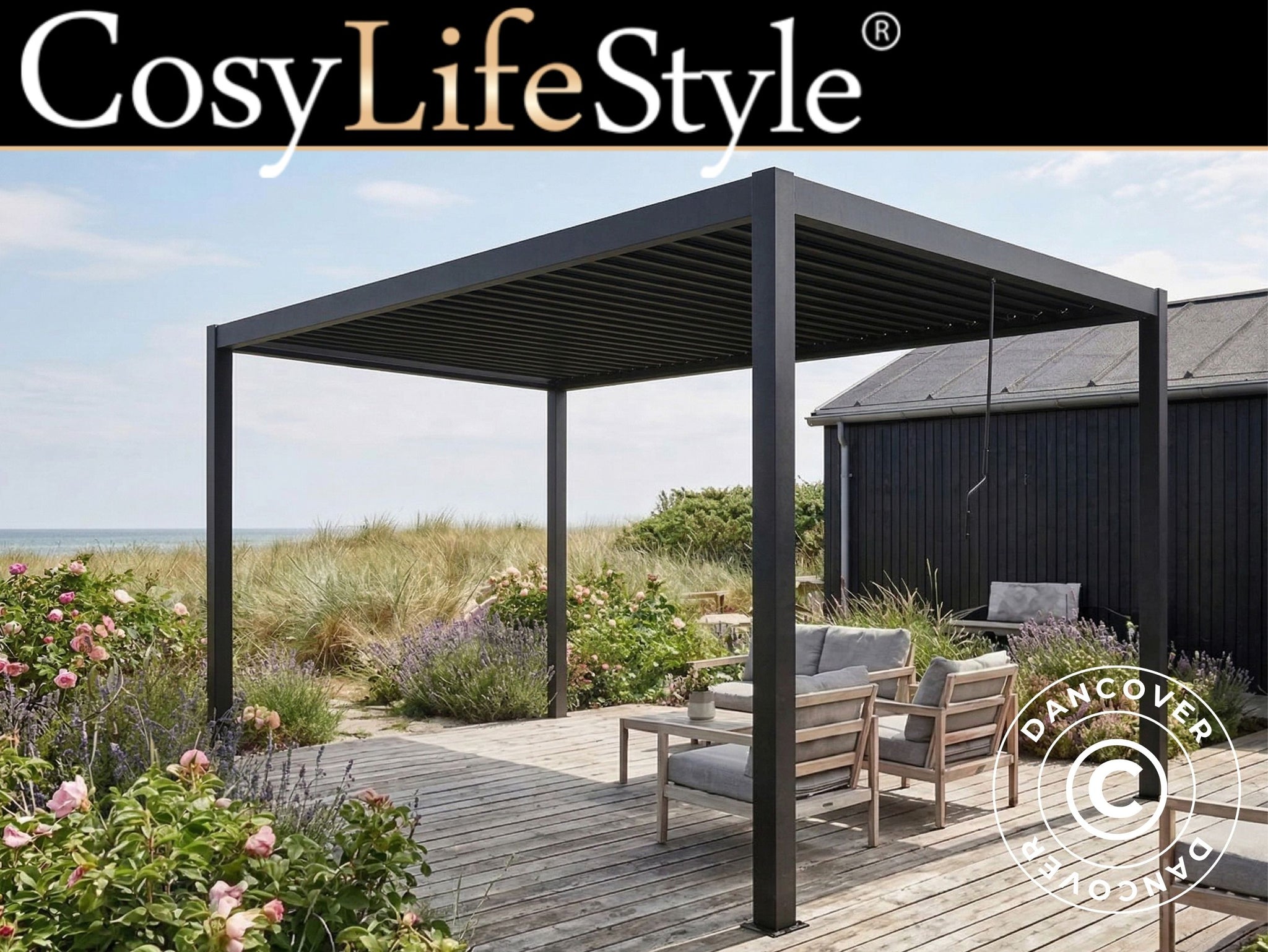 Bioklimatischer Pergola Pavillon San Pablo Steel+, 3x4m, Schwarz