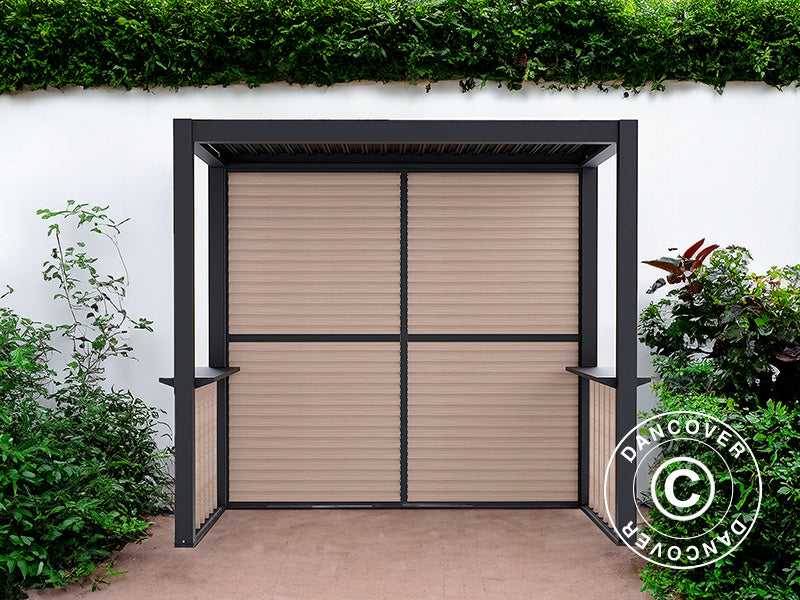 Pergola San Juan für Grill, mit Lamellenwänden und Seiten, 2,5x1,5x2,3m, Schwarz/Holzoptik