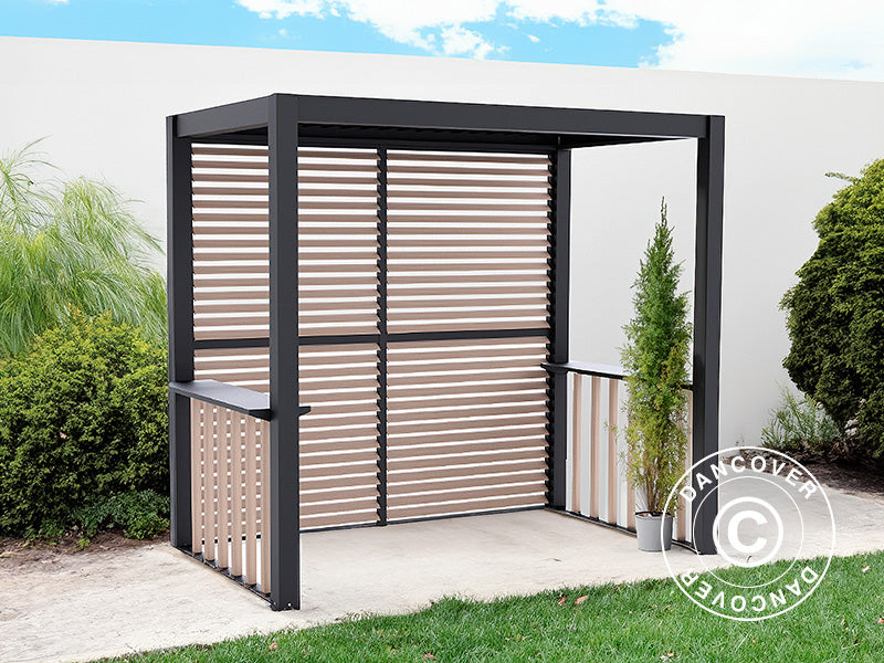 Pergola San Juan per barbecue, con pareti e lati a lamelle, 2,5x1,5x2,3m, Nero/Effetto legno