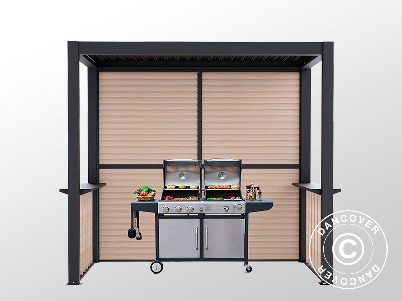 Pergola San Juan für Grill, mit Lamellenwänden und Seiten, 2,5x1,5x2,3m, Schwarz/Holzoptik