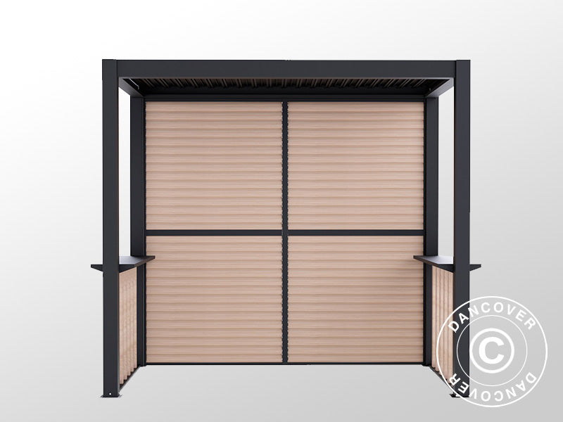 Pérgola San Juan para churrasco, com paredes e laterais de lâminas, 2,5x1,5x2,3m, Preto/Aspeto amadeirado