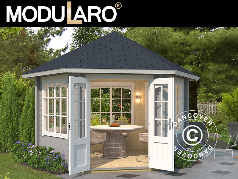 Tonnelle en bois Alicante, hexagonale 3,5x3,03x3,07m, 44mm, Gris clair