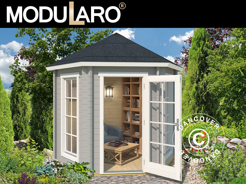 Gazebo de madeira Lausanne, hexagonal 2,8x2,42x2,89m, 44mm, Cinza Claro