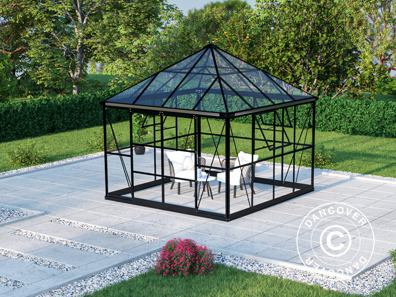 Serre orangerie, tonnelle de jardin en verre 8,06m², 2,82x2,86x2,8m avec base, Noir