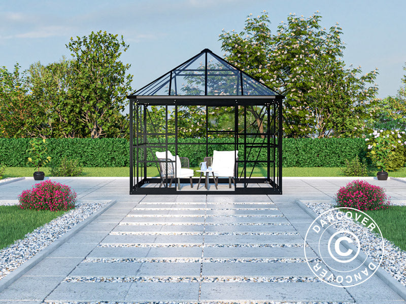 Serre orangerie, tonnelle de jardin en verre 8,06m², 2,82x2,86x2,8m avec base, Noir