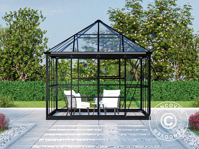 Serre orangerie, tonnelle de jardin en verre 8,06m², 2,82x2,86x2,8m avec base, Noir