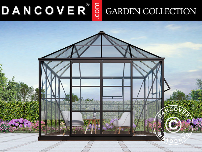 Serra orangerie, gazebo in vetro 8,06m², 2,82x2,86x2,8m con base, Nero