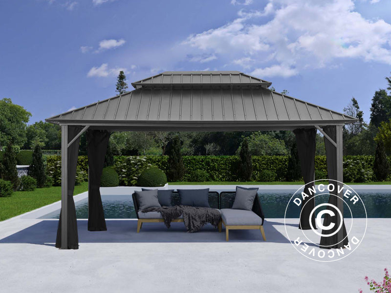 Gazebo San Francisco w/curtains and mosquito net, 3.65x4.85 m, Black