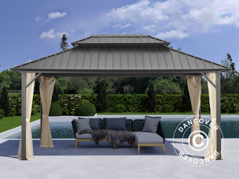 Gazebo San Francisco con tende e zanzariera, 3,65x4,85m, Nero/Ecru