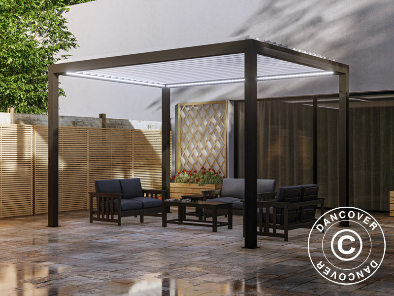 Bioklimatologisch pergola paviljoen Génova met LED-verlichting, 4x4m, Antraciet/Wit