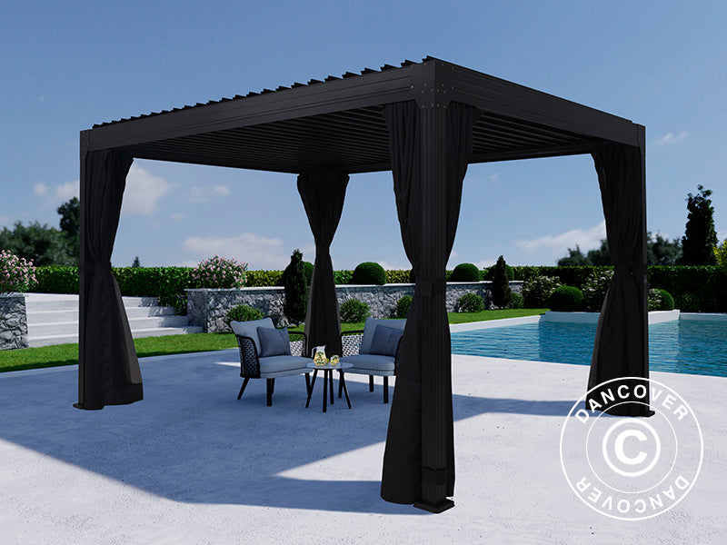 Cenador pérgola bioclimática Monterey, 3x4m, con cortinas y mosquitera, Negro