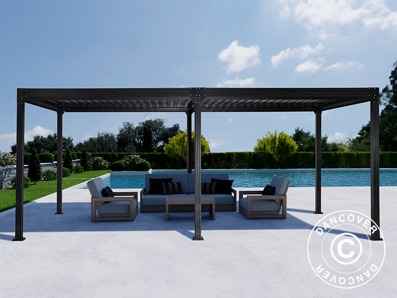 Bioklimatologisch pergola paviljoen Monterey, 3x6m, met gordijnen en klamboe, Zwart