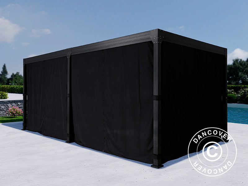 Bioklimatischer Pergola-Pavillon Monterey, 3x6m, mit Vorhängen und Moskitonetz, Schwarz