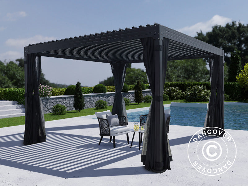 Gazebo pergola bioclimatico Monterey, 4x4m, con tendine e zanzariera, Nero