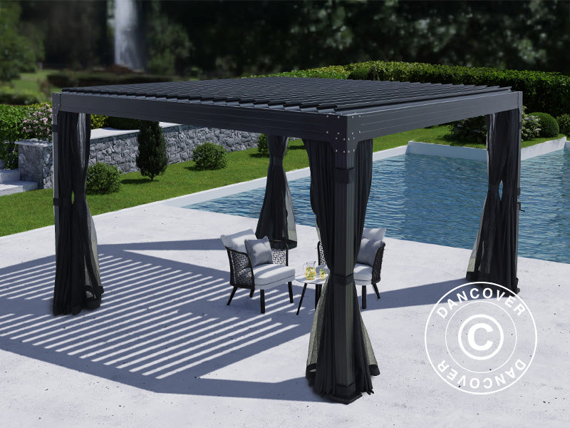 Bioklimatischer Pergola-Pavillon Monterey, 4x4m, mit Vorhängen und Moskitonetz, Schwarz