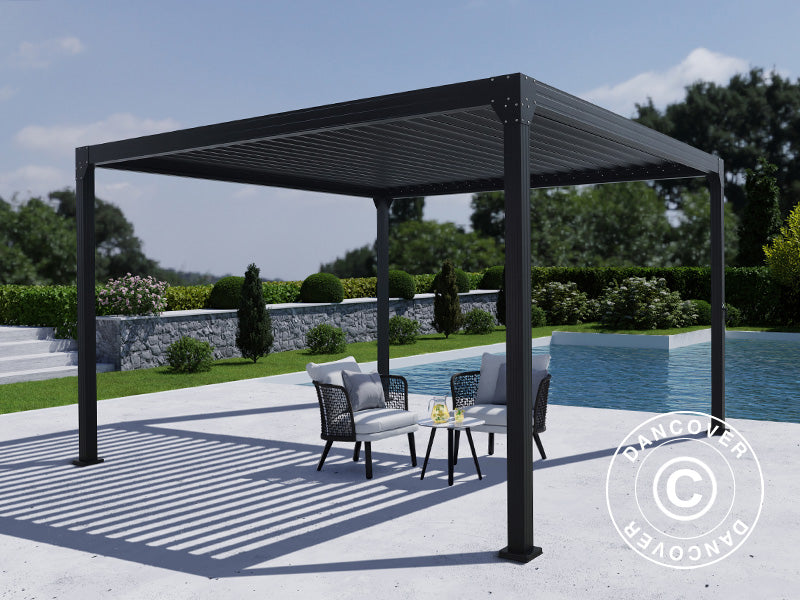 Bioklimatischer Pergola-Pavillon Monterey, 4x4m, mit Vorhängen und Moskitonetz, Schwarz