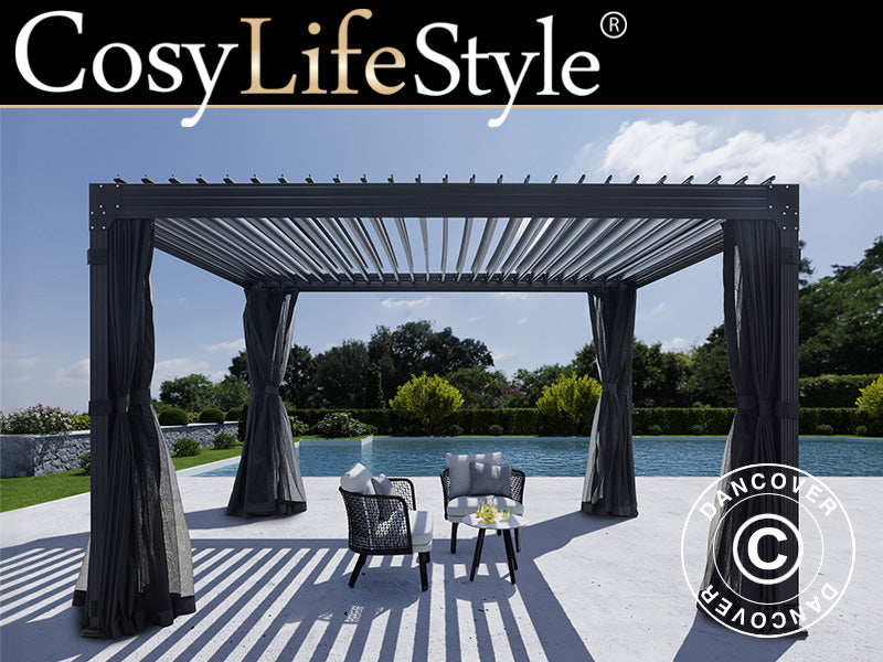 Bioklimatischer Pergola-Pavillon Monterey, 4x4m, mit Vorhängen und Moskitonetz, Schwarz