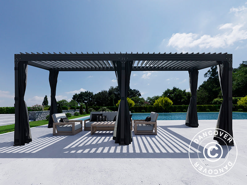 Gazebo pergola bioclimatico Monterey, 4x6m, con tendine e zanzariera, Nero