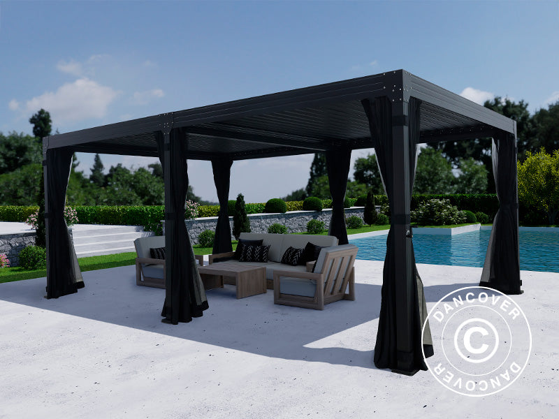 Bioklimatischer Pergola-Pavillon Monterey, 4x6m, mit Vorhängen und Moskitonetz, Schwarz