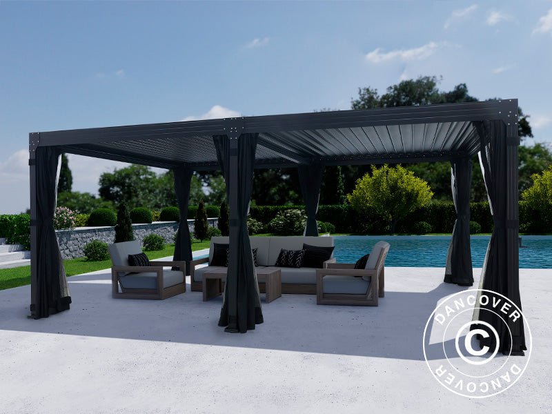 Gazebo pergola bioclimatico Monterey, 4x6m, con tendine e zanzariera, Nero