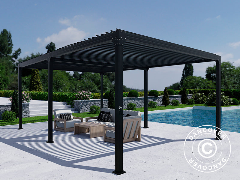 Bioklimatischer Pergola-Pavillon Monterey, 4x6m, mit Vorhängen und Moskitonetz, Schwarz