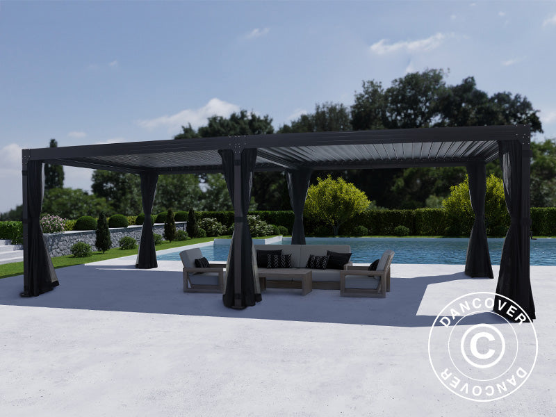 Bioclimatic pergola gazebo Monterey, 4x8 m, w/curtains and mosquito net, Black