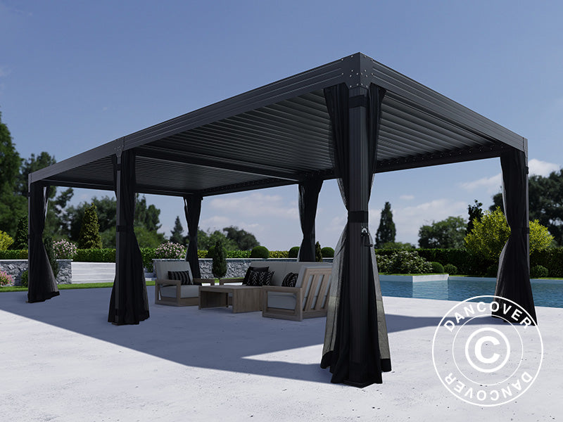 Bioklimatologisch pergola paviljoen Monterey, 4x8m, met gordijnen en klamboe, Zwart