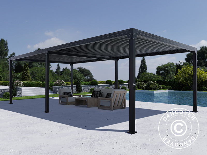 Bioklimatologisch pergola paviljoen Monterey, 4x8m, met gordijnen en klamboe, Zwart