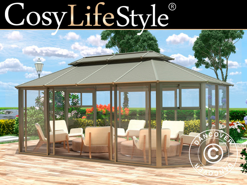 Pavillon San Bruno mit Seitenwänden aus Polycarbonat, achteckig 4,35x6,6m, Messing