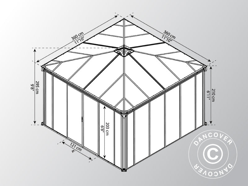 Orangery, gazebo LEDRO, 12.96 m², Palram/Canopia, 3.6x3.6x2.95 m, Grey