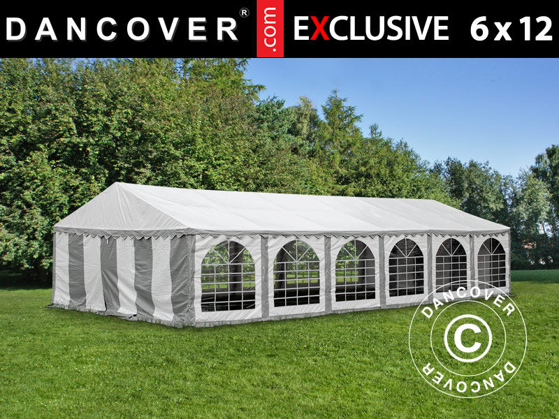 Tendone Per Feste Premium 6x12 M In PVC Blu/Bianco - 100% Impermeabile, Telaio In Acciaio Zincato, Con Pareti E Picchetti