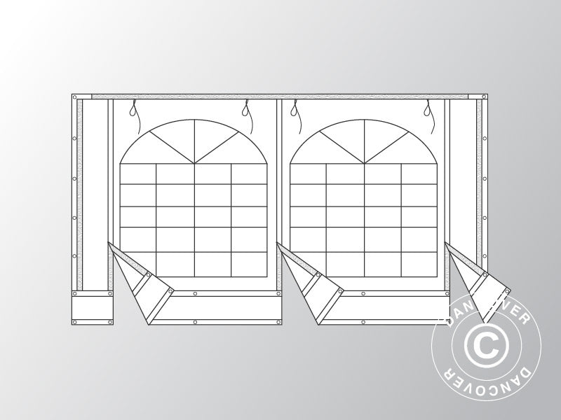 Giebelwand mit großem Fenster und breiter Tür, 4m, PVC, weiß
