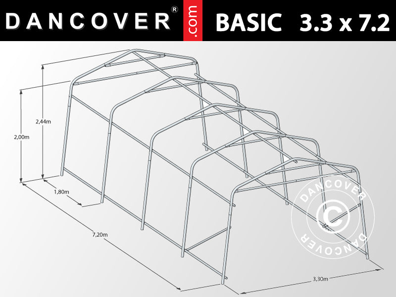 Tente Abri Garage Basic, 3,3x7,2x2,4m PE, Gris