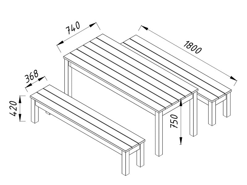 Tisch- und Bankgarnitur aus Holz, 0,74x1,8x0,75m, Natur