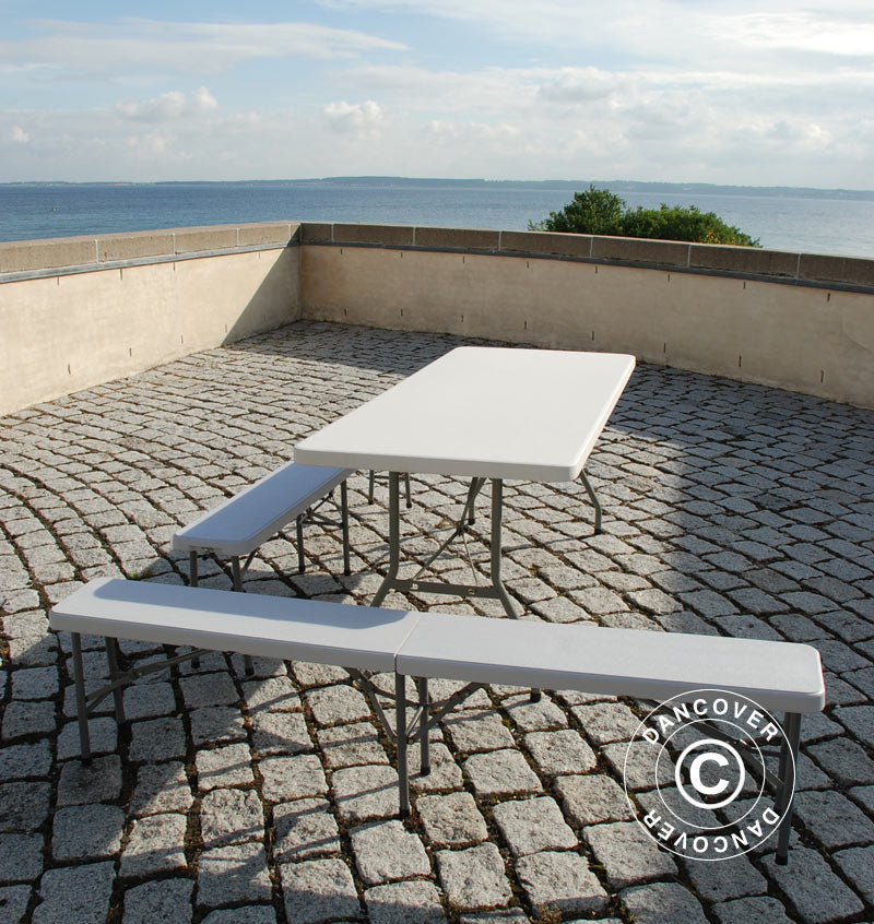 Party package, 1 folding table (180 cm) + 2 folding benches (183 cm), Light grey