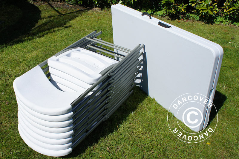 Feestpakket, 1 klaptafel (180cm) + 8 klapstoelen, Lichtgrijs/Wit