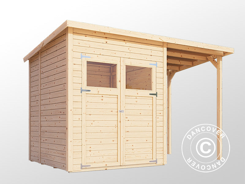 Casetta in legno con tettoia laterale, Bertilo Amrum 2 Plus, 3,23x1,8x2,1m, 2,78m² + 3,03m²