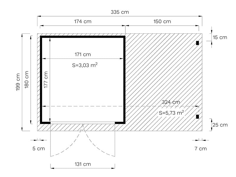 Wooden Shed w/overhang, Bertilo Amrum 2 Plus, 3.23x1.8x2.1 m, 2.78 m² + 3.03 m²