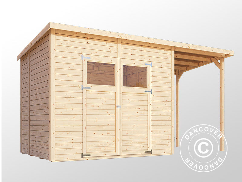 Casetta in legno con tettoia laterale, Bertilo Amrum 3 Plus, 3,86x1,8x2,1m, 2,78m² + 4,16m²