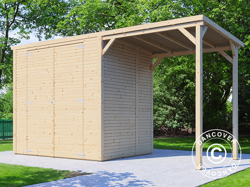 Casetta da giardino in legno con tettoia laterale, Bertilo Cubico 2Plus, 3,73x1,57x2,08m, 2,43m² + 3,37m², Naturale