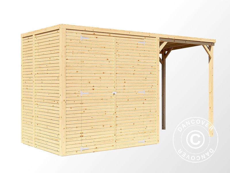 Wooden shed w/overhang, Bertilo Cubico 2Plus, 3.73x1.57x2.08 m, 2.43 m² + 3.37 m², Natural