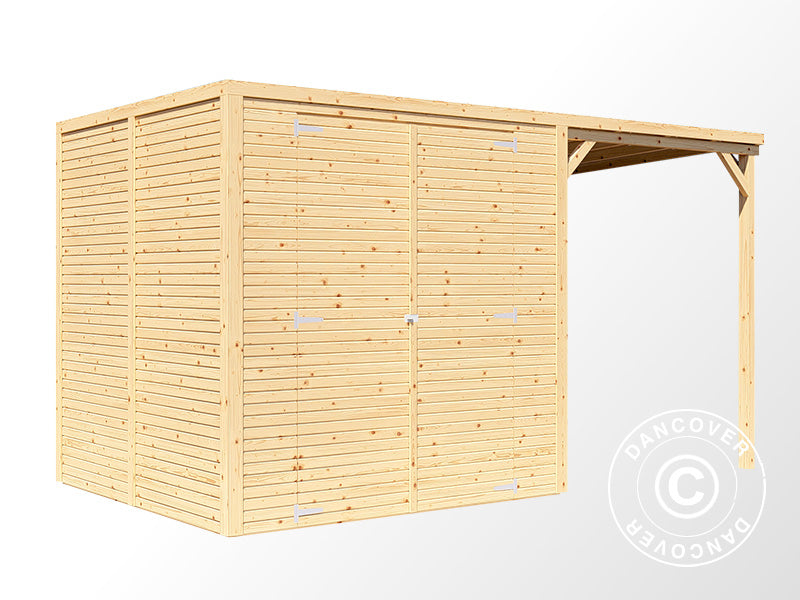 Abri en bois avec surplomb, Bertilo Cubico 3Plus, 3,73x2,02x2,08m, 4,3m²+1,5m², Naturel