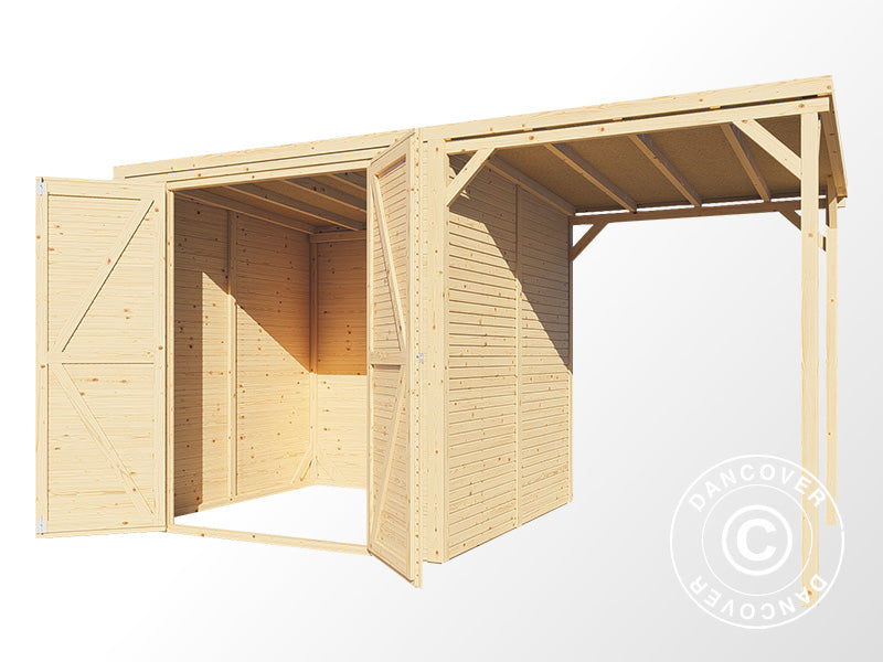 Wooden shed w/overhang, Bertilo Cubico 3Plus, 3.73x2.02x2.08 m, 4.3 m²+1.5 m², Natural